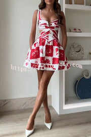 Lucia Linen Blend Ric Rac Trims Unique Print Cutout Pocketed Mini Dress
