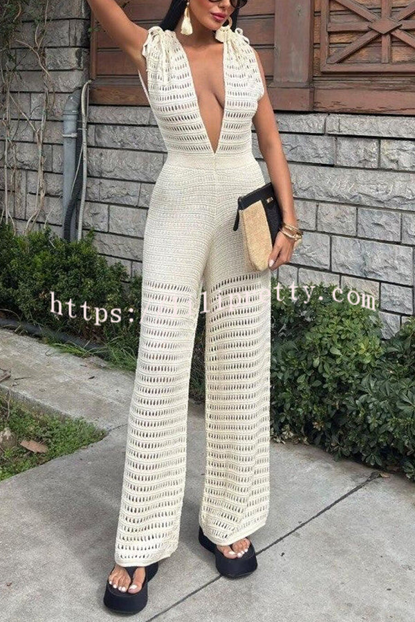 Solid Color Knitted V-neck Holiday Hollow Casual Jumpsuit