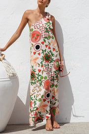 Botanical Print Elegant Strappy One-shoulder Resort Maxi Dress