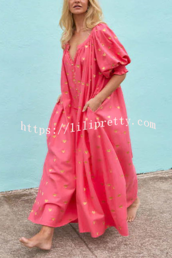 Valentine's Day Gold Heart Print Puff Sleeve Button Pocketed Loose Maxi Dress