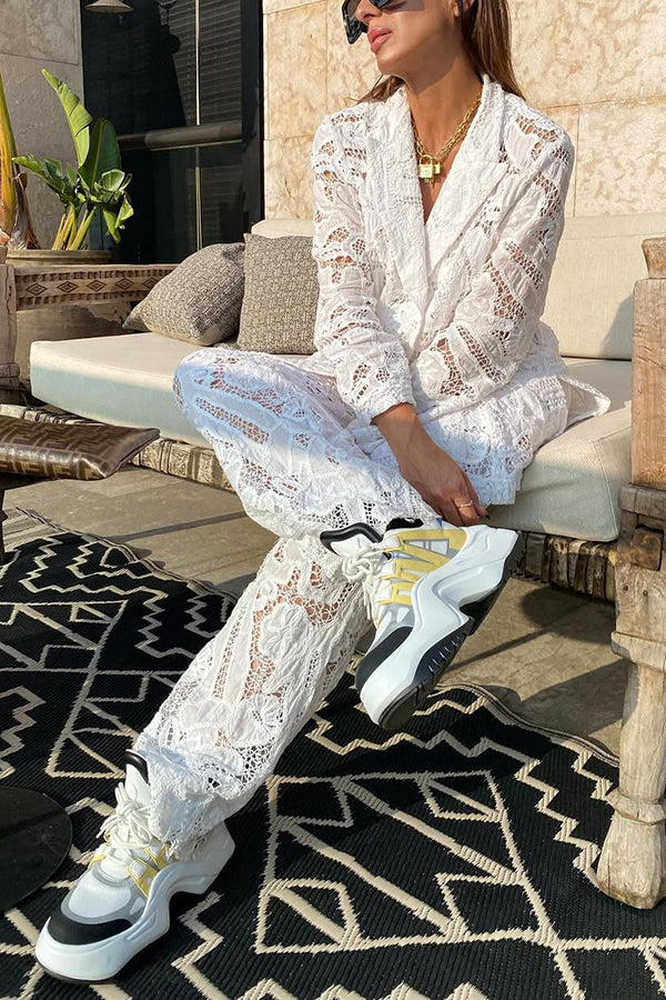 Fashionable Lace Long-sleeved Lapel Loose Top and Casual Hollow Pants Set