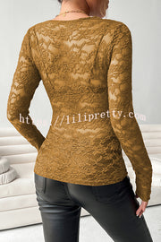 Solid Color Lace V-neck Long-sleeved Slim-fit Top