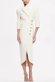 Elegant Look Linen Blend Stand Lapel Neck Half Sleeve Side Button Midi Dress