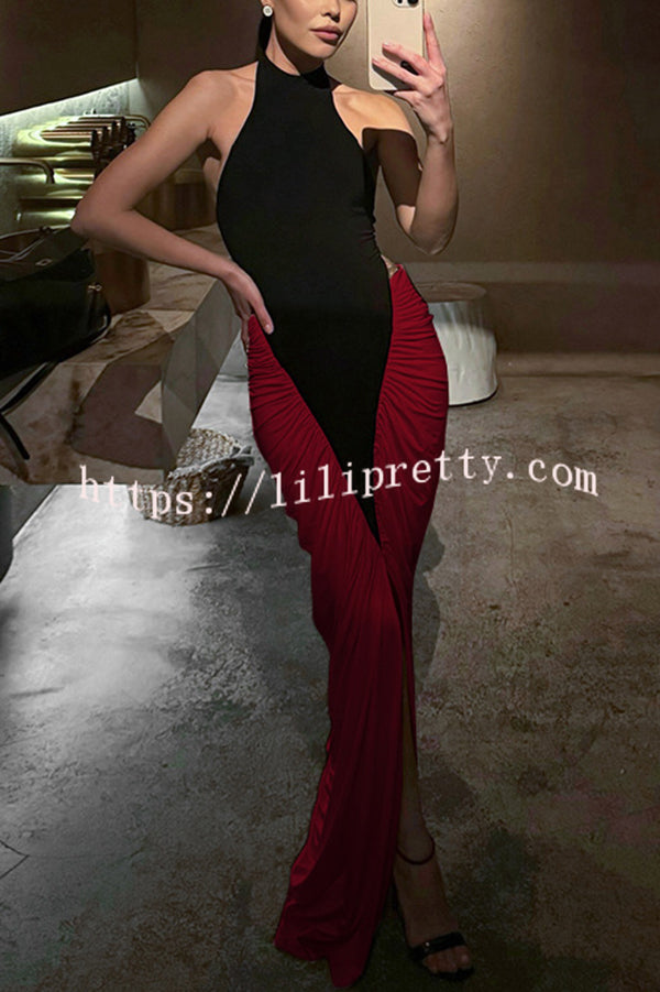 Fashionable Contrast Color Open Back Side Pleated Draped Maxi Dress