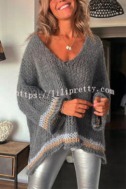 Lilipretty Autumn Treasure Knit Striped Trim Hollow Out Loose Pullover Sweater