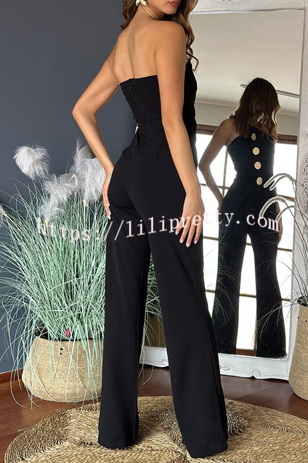 Solid Color Sexy Tube Top Gold Button Embellished Bootcut Jumpsuit