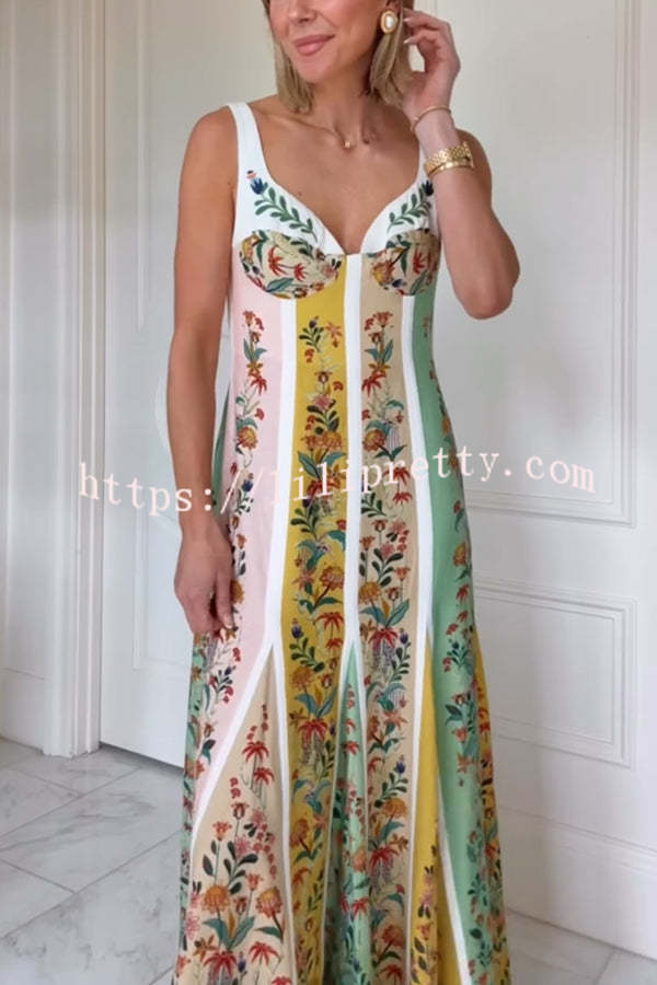 Sweet Garden Linen Blend Color Block Floral Paneled Maxi Dress