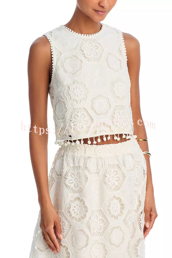 Nice Try Embroidered Crochet Lace Tassle Trim Crop Tank Top