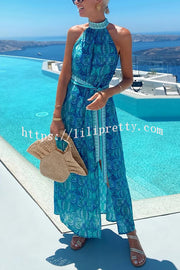 Unique Print Sexy Off-the-shoulder Waist Tie Slit Holiday Midi Dresses