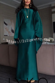 Dignified and Elegant Satin Batwing Sleeve with Waist Tie Design A-line Maxi Dress