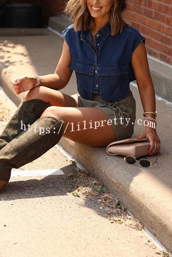 Stylish Weekend Denim Button Up Cape Sleeve Pocket Crop Top