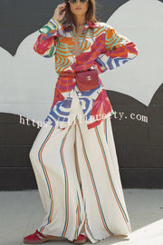 Ellah Satin Rainbow Stripe Print Drawstring Elastic Waist Pocket Wide Leg Pants