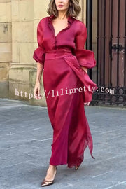 Lily Chiffon Bow Detail Puff Sleeve Blouse and Elegant Layered Maxi Skirt Set