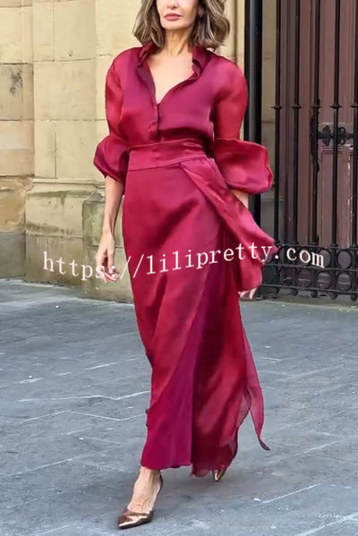 Lily Chiffon Bow Detail Puff Sleeve Blouse and Elegant Layered Maxi Skirt Set