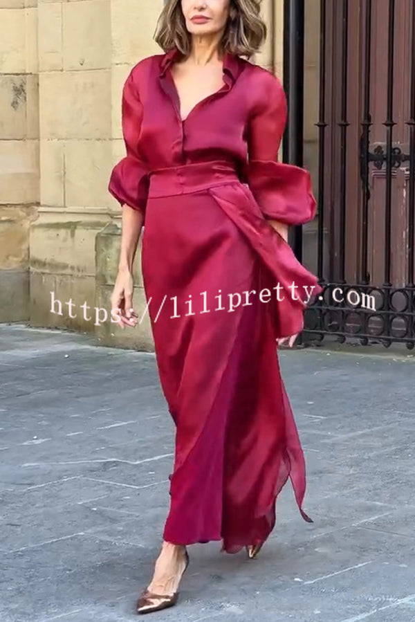 Lily Chiffon Bow Detail Puff Sleeve Blouse and Elegant Layered Maxi Skirt Set