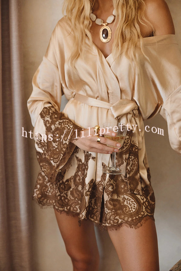Gold Standard Satin Lace Trim Contrast Color Bell Sleeve Tie-up Kimono Mini Dress