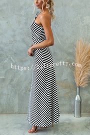 Lilipretty® Stylish Striped Print One Shoulder Slope-neck Maxi Dress
