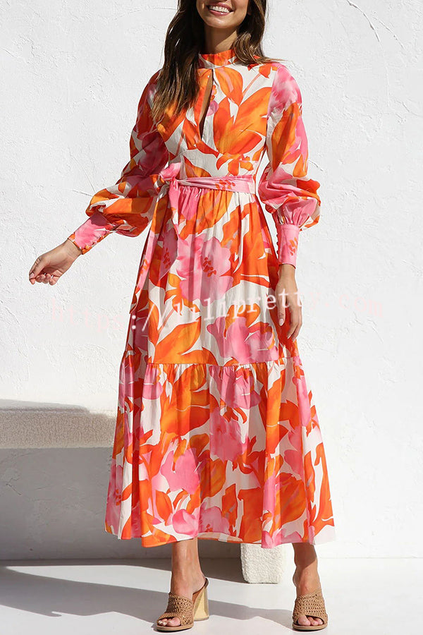 Floral Print Balloon Sleeve Pleated Lace Up Maxi Dress