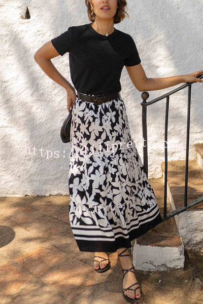 Resort Style Botanical Print Elastic Waist Loose Stitching Midi Skirt