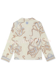 Calm Seas Line Octopus Unique Print Loose Shirt and Elastic Waist Pocketed Pajama Set