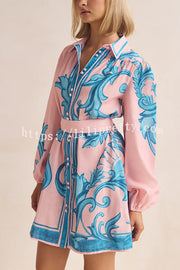 Botanical Print Lapel Puff Sleeve Vintage Belt Loose Mini Dress