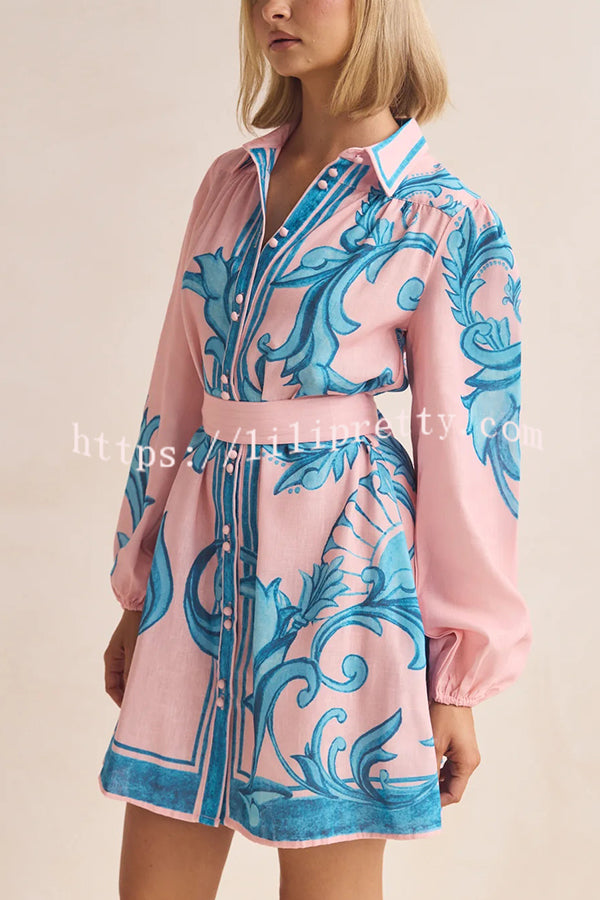 Botanical Print Lapel Puff Sleeve Vintage Belt Loose Mini Dress