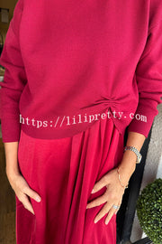 Practical Fashion Knit Ruched Sweater and Satin Stretch Tank Midi Dress Two-piece Set