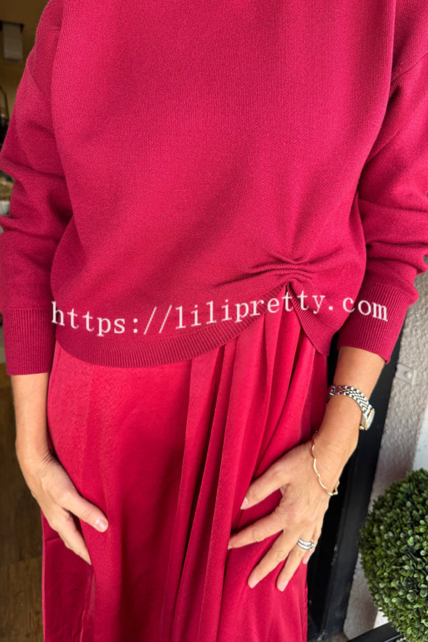 Practical Fashion Knit Ruched Sweater and Satin Stretch Tank Midi Dress Two-piece Set