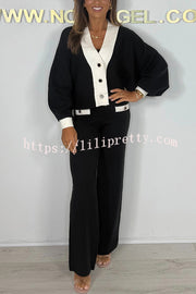Fashion Contrast Color V-neck Loose Cardigan and Elastic Waist Casual Pants Set