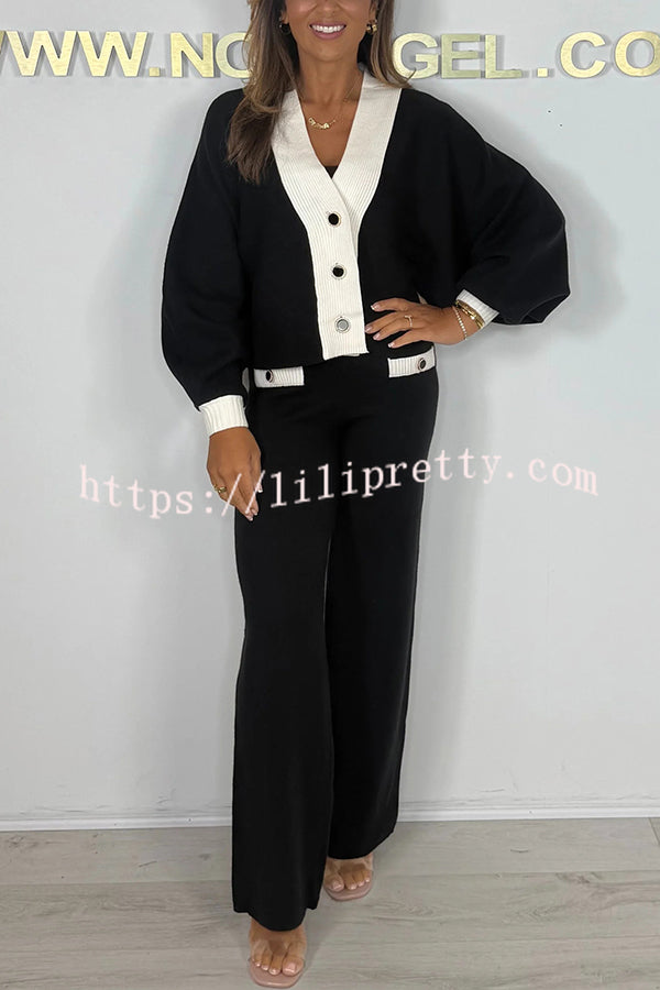 Fashion Contrast Color V-neck Loose Cardigan and Elastic Waist Casual Pants Set