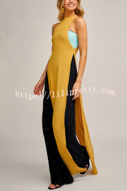 Fashionable Contrast Color Stitching Sleeveless Slim Maxi Dress