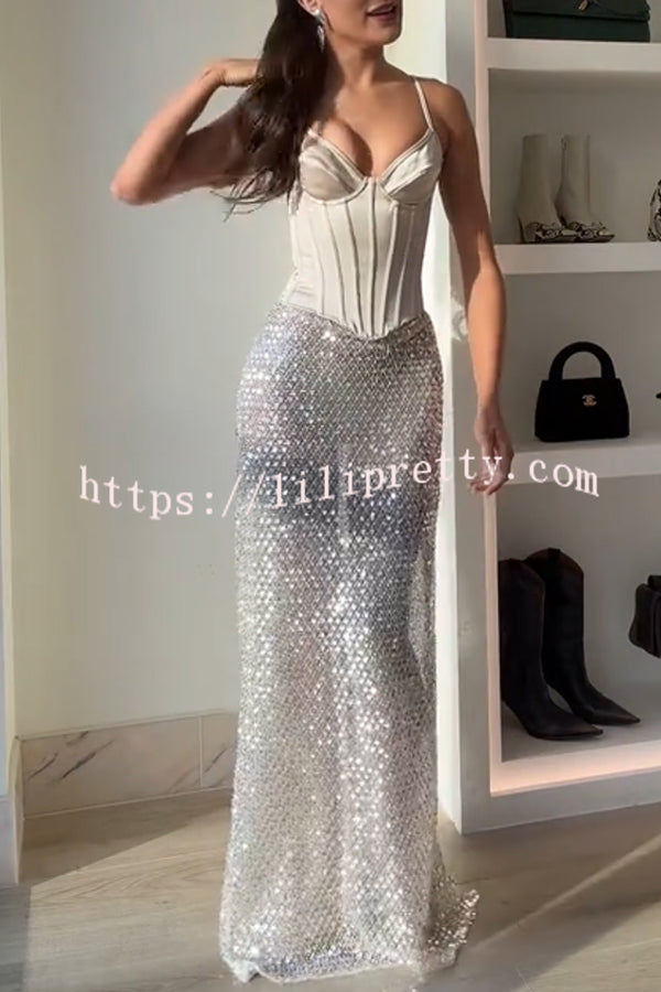 The Great Gatsby Embellished Sequin Mid Rise Flare Maxi Skirt