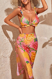 Elegant Floral Print Slit Lace Up Three Pieces Bikini