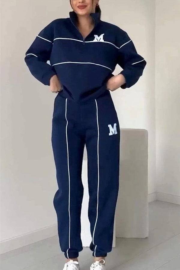 Fashionable Letter Striped Long-sleeved Sweatshirt and Elastic Waist Casual Pocket Pants Set