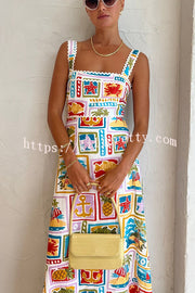 Lilipretty Salty Summer Days Funny Printed Wave Trim Square Collar Maxi Dress