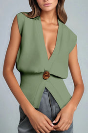 Solid Color Simple V-Neck Button Sleeveless Knitted Cardigan