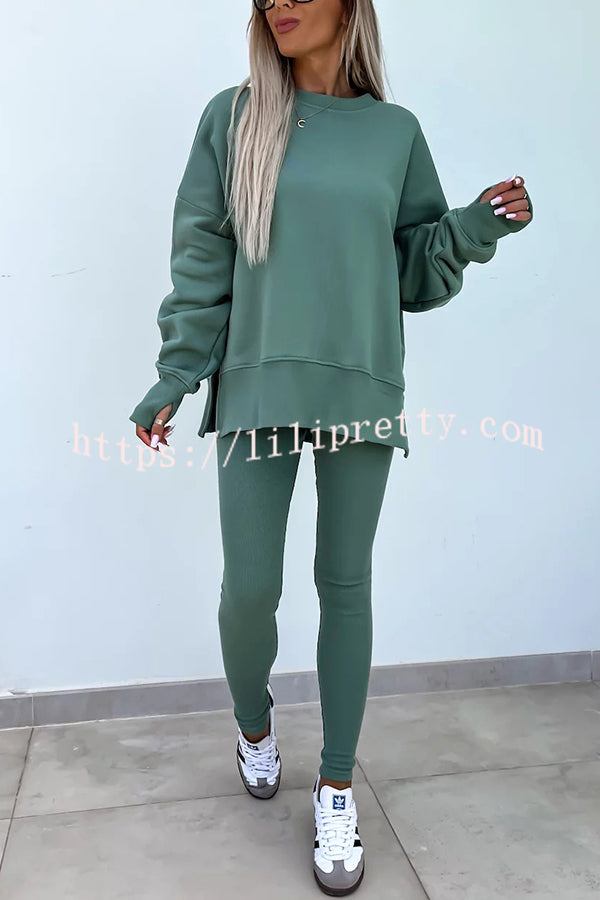 Solid Color Loose Long Sleeve SlitSweatshirt and Elastic Waist Tight Pants Set