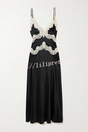 Dreaming of You Contrast Color Satin Lace Trim Back Tie-up Slip Midi Dress