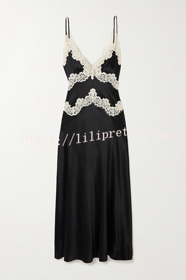 Dreaming of You Contrast Color Satin Lace Trim Back Tie-up Slip Midi Dress