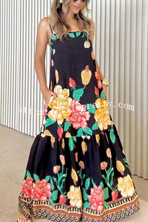 Floral Print Halter Back Loose Pocket Full Hem Maxi Dress