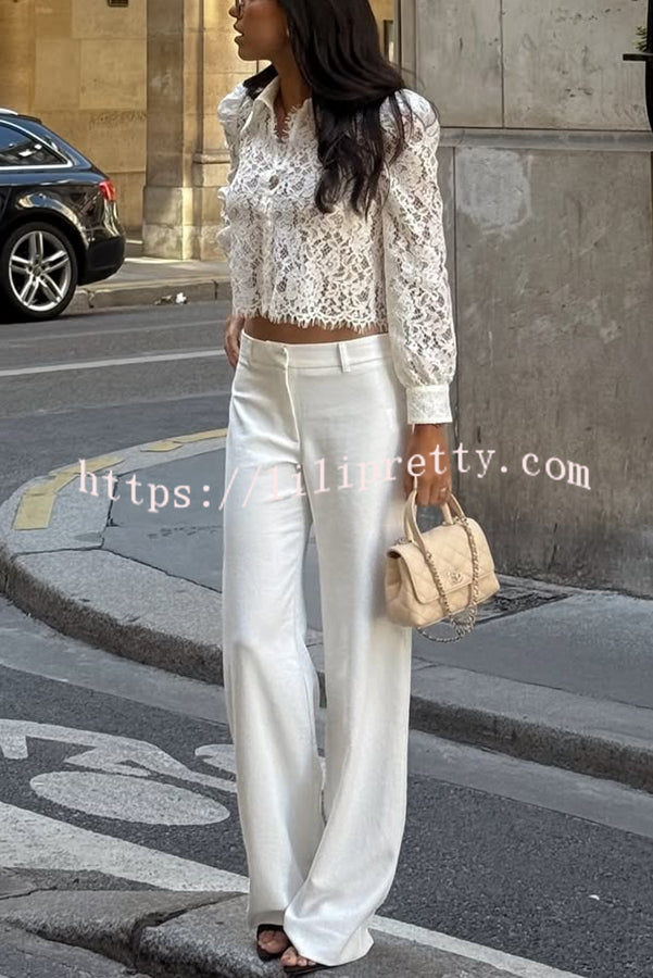 Paris Trends Floral Lace Puff Shoulder  Button Long Sleeve Blouse
