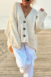 Solid Color Loose Long Sleeve V-neck Pocket Knitted Sweater Cardigan