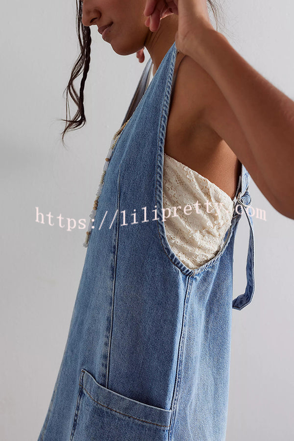 Solid Color Sleeveless V-neck Pocket Adjustable Denim Suspender Mini Dress