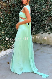 Forest Muse Chiffon Pleated Off Shoulder Cutout Waist Cape Maxi Dress