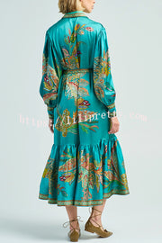 Resort Style satin Unique Printed Lapel Lantern Sleeve Lace-up Midi Dress