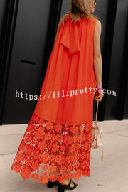 Breezy Comfort Tie-up Neck Sleeveless Floral Lace Hem Maxi Dress