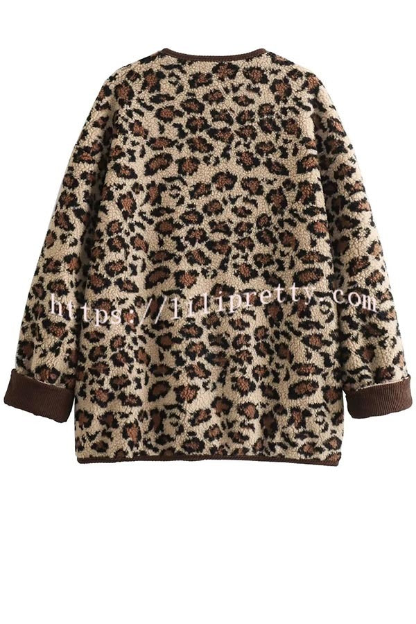 Warm Feel Colorblock Leopard Print Plush Button Up Pocketed Teddy Jacket