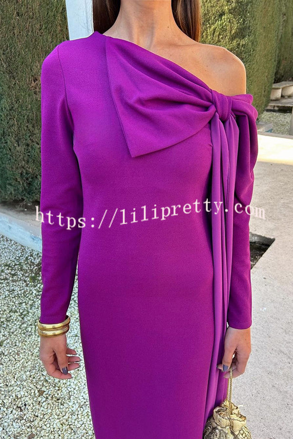 Vanessa Solid Color Long Sleeve Slim Fit Oversized Bow Tie Maxi Dress