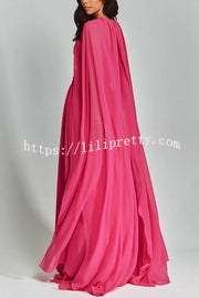 Romantic Party Chiffon Off Shoulder Sweetheart Neck Ruched Cape Maxi Dress