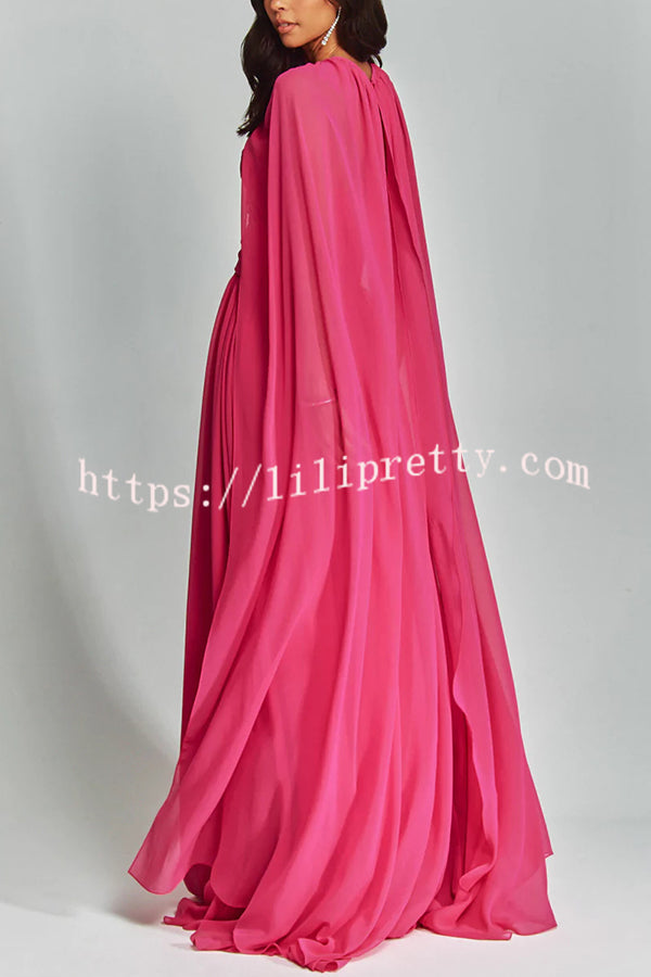 Romantic Party Chiffon Off Shoulder Sweetheart Neck Ruched Cape Maxi Dress